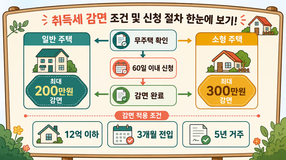 취득세 감면 조건 신청 절차와 200만원·300만원 한도 비교 다이어그램