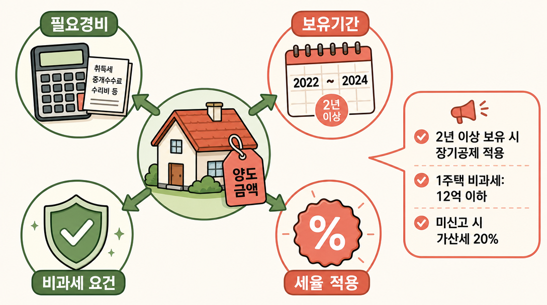 양도소득세 계산 절세 전략 — 비과세 요건과 세율 적용 흐름 아이콘 일러스트