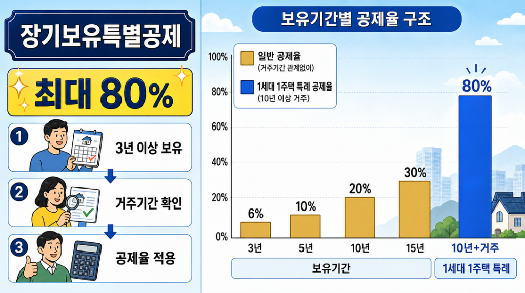 장기보유특별공제 공제율 구조와 최대 80% 적용 조건 인포그래픽