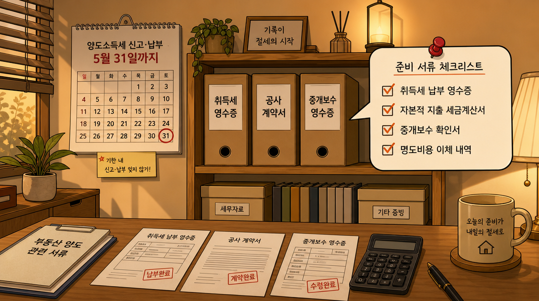 양도소득세 필요경비 증빙 서류 보관 방법을 보여주는 홈 스터디 일러스트