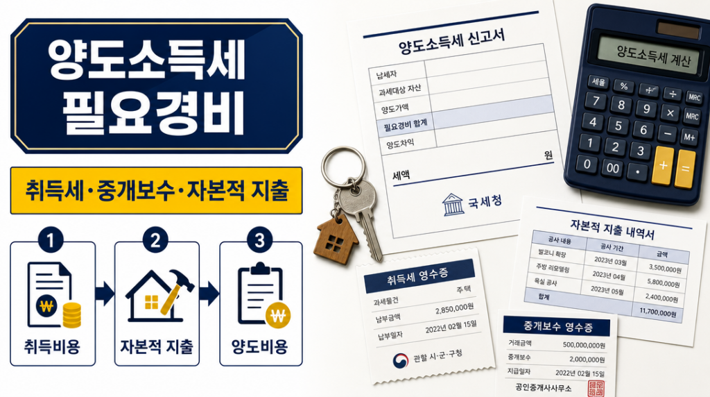 양도소득세 필요경비 항목별 공제 구조를 보여주는 인포그래픽 — 취득세·중개보수·자본적 지출 정리