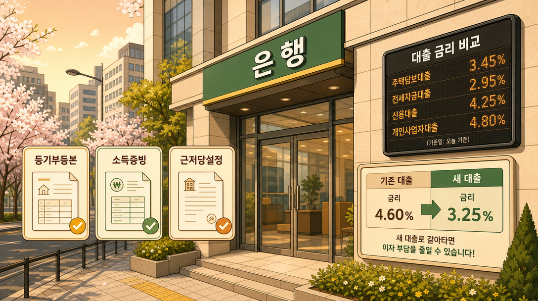 주담대 갈아타기 은행 외관 일러스트 — 기존 대출과 새 대출 금리 비교 안내판