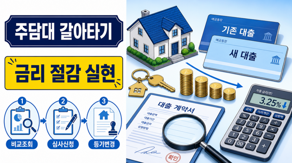 주담대 갈아타기 조건과 절차 인포그래픽 — 비교 조회부터 등기 변경까지