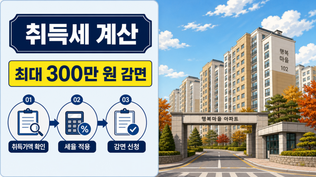 주택 취득세 계산 방법과 세율 구조 — 아파트 단지 일러스트와 취득세 감면 안내 인포그래픽