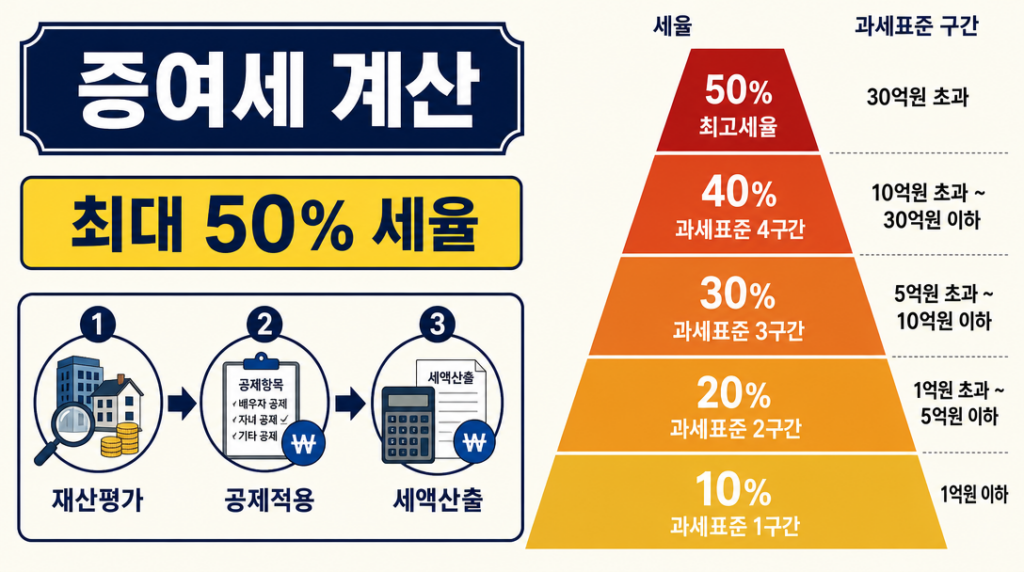 증여세 계산 방법과 세율 구조를 보여주는 인포그래픽