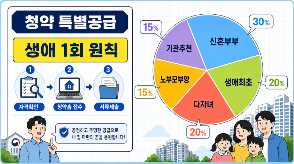 청약 특별공급 유형별 공급 비율 인포그래픽 — 신혼부부·생애최초·다자녀·노부모·기관추천