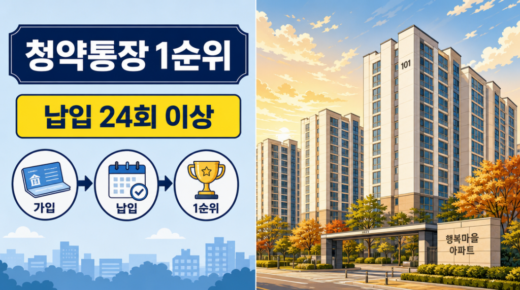 청약통장 1순위 조건과 납입 기준을 정리한 인포그래픽 — 아파트 단지 배경