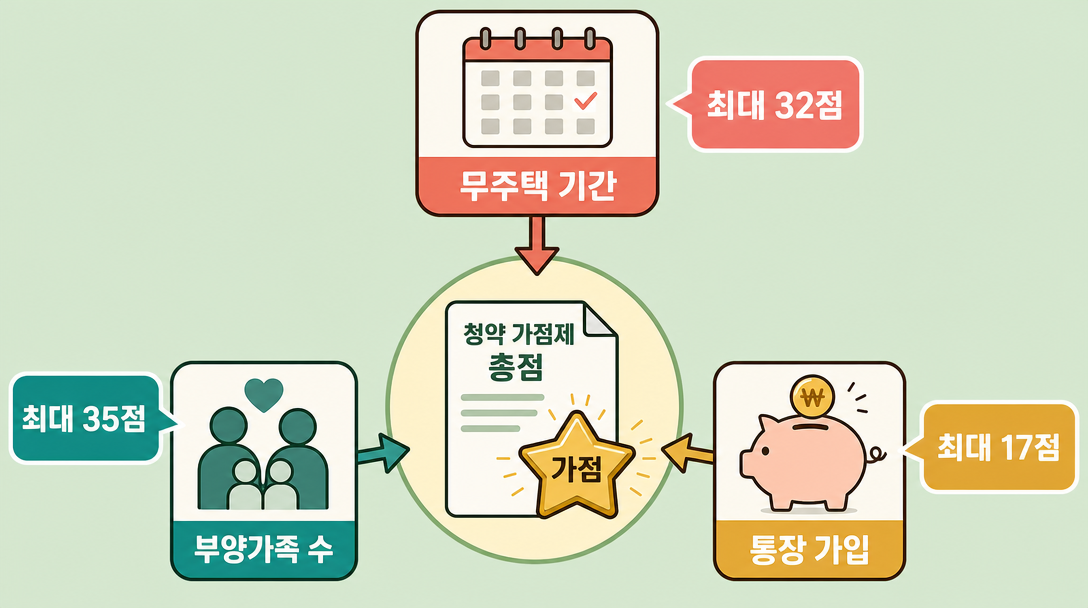 청약 가점 계산 무주택 기간·부양가족 수·청약통장 가입 기간 3항목 아이콘 조합 일러스트