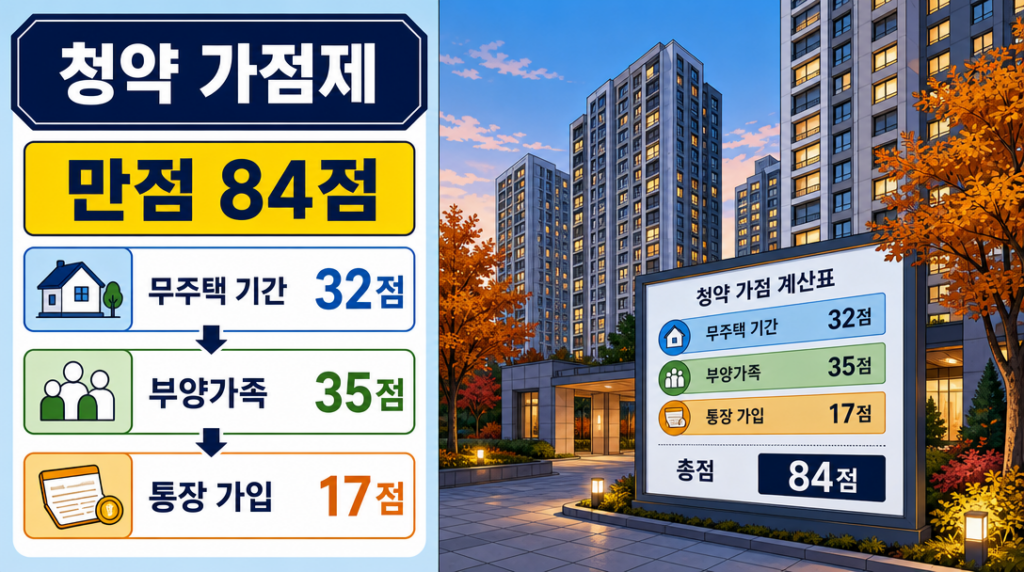 청약 가점 계산 만점 84점 구성 항목을 보여주는 아파트 단지 인포그래픽 일러스트