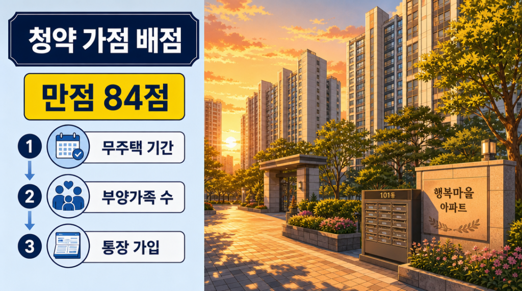 청약 가점 배점 항목별 기준 — 무주택 기간·부양가족·통장 가입 만점 조건 안내 인포그래픽
