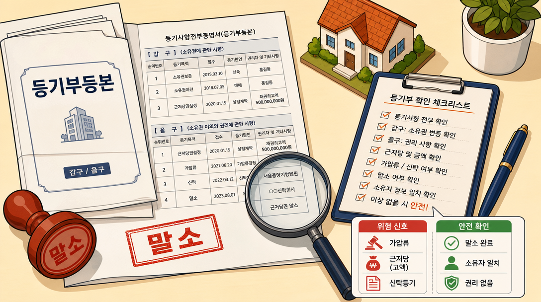 등기부등본 보는 법 — 위험 신호와 안전 확인 항목 체크리스트 일러스트