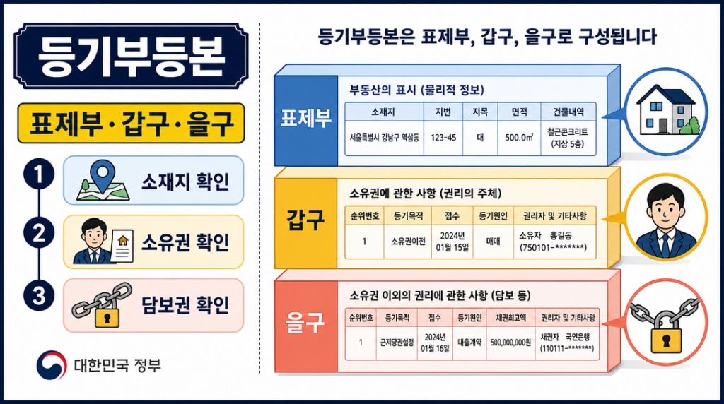 등기부등본 보는 법 — 표제부·갑구·을구 구조 인포그래픽