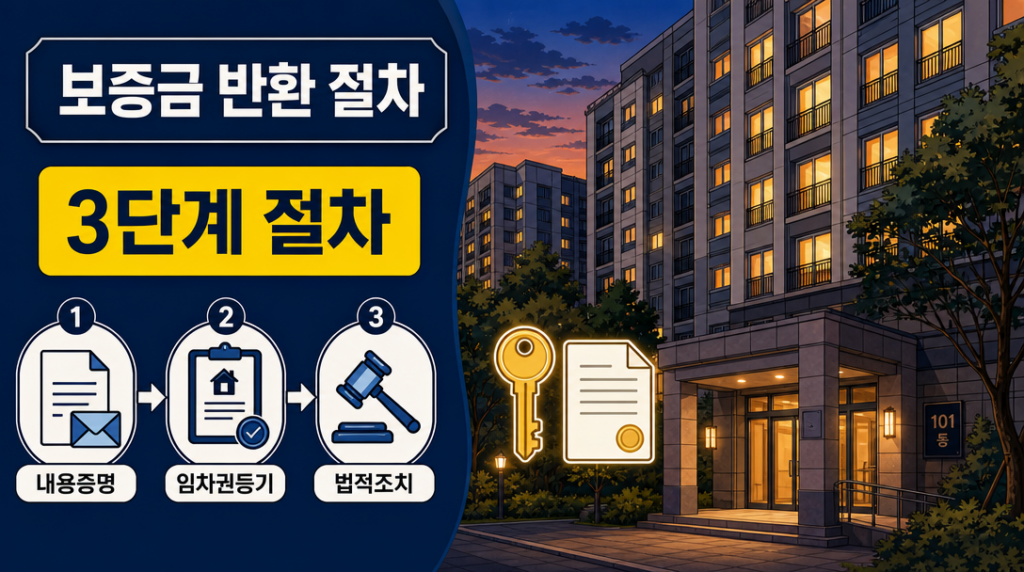 전세 보증금 반환 절차 3단계를 안내하는 아파트 인포그래픽 일러스트