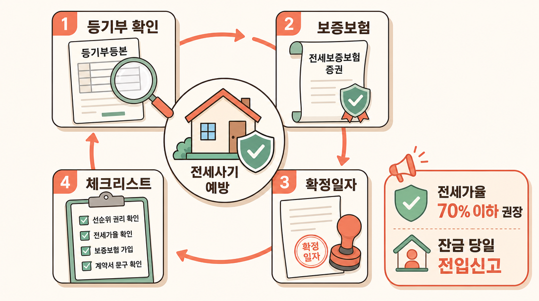 전세사기 예방 핵심 아이콘 플로우 — 등기부 확인, 보증보험, 확정일자, 체크리스트 상징 조합
