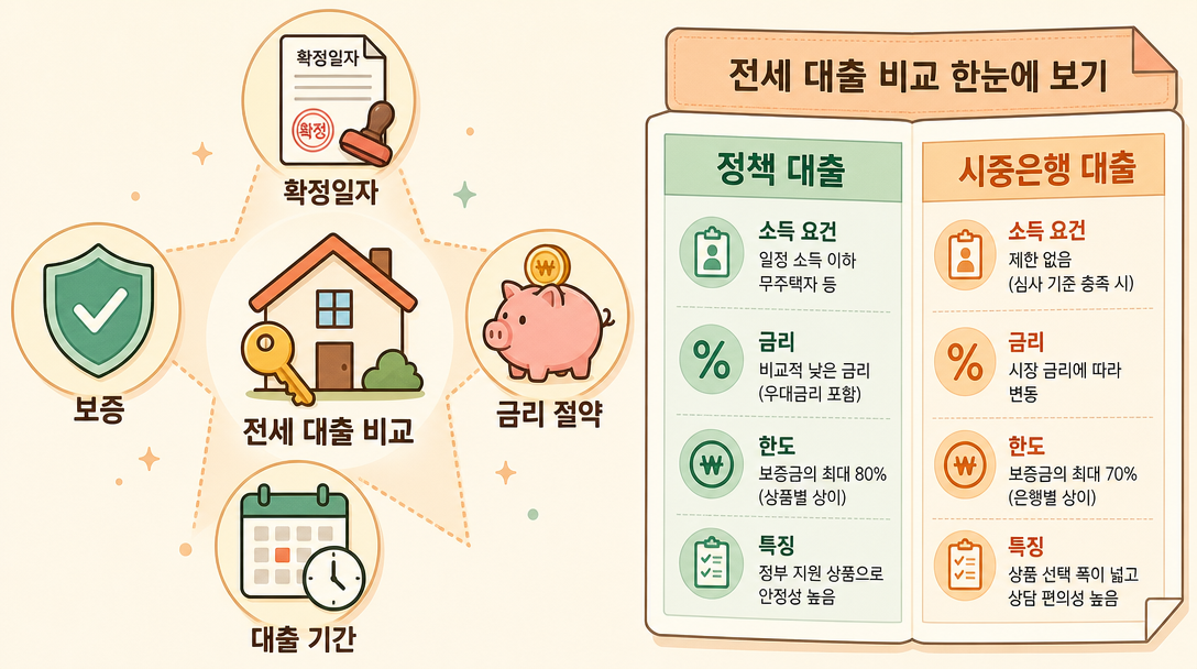 전세자금대출 종류별 정책 대출과 시중은행 대출 비교 아이콘 일러스트