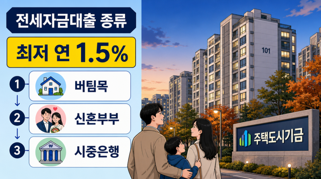 전세자금대출 종류 비교 — 버팀목·신혼부부·시중은행 대출 조건 안내 인포그래픽