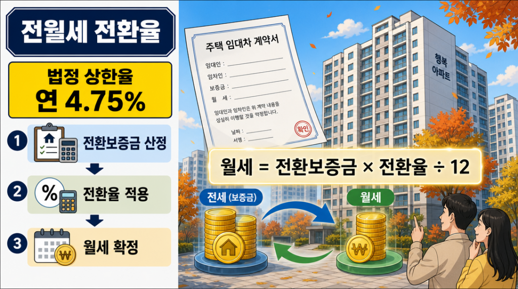 전월세 전환율 계산 방법과 법정 상한율을 설명하는 인포그래픽 일러스트