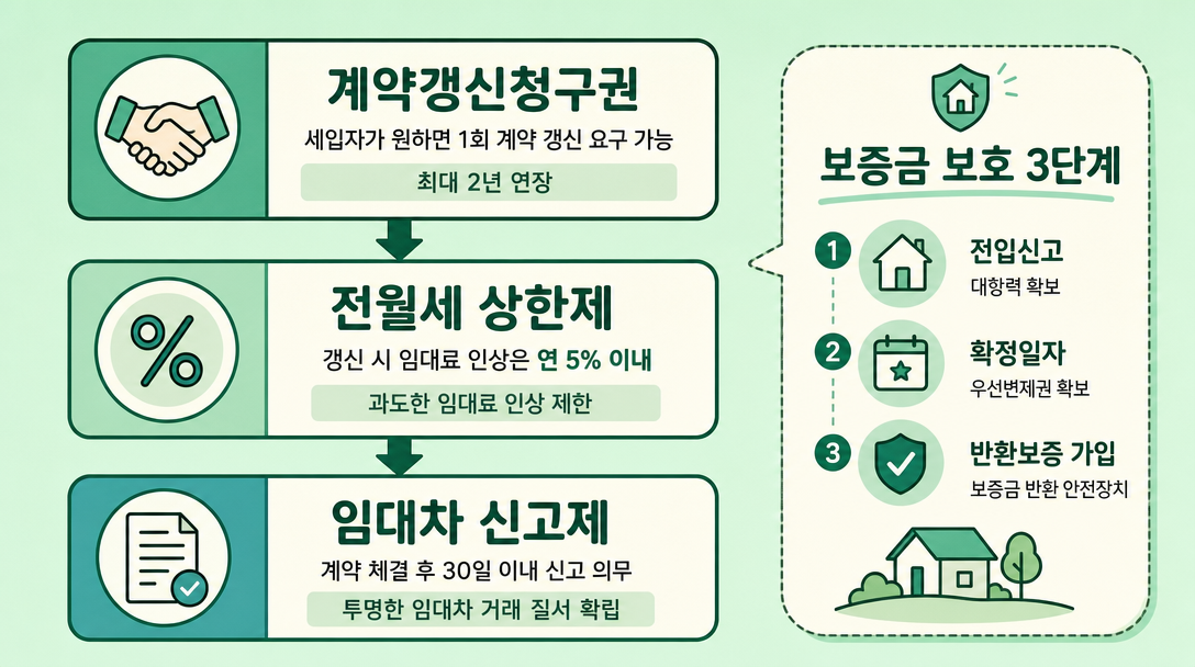 임차인 보호 장치 3단계 흐름도 — 전입신고·확정일자·전세보증금 반환보증 구조