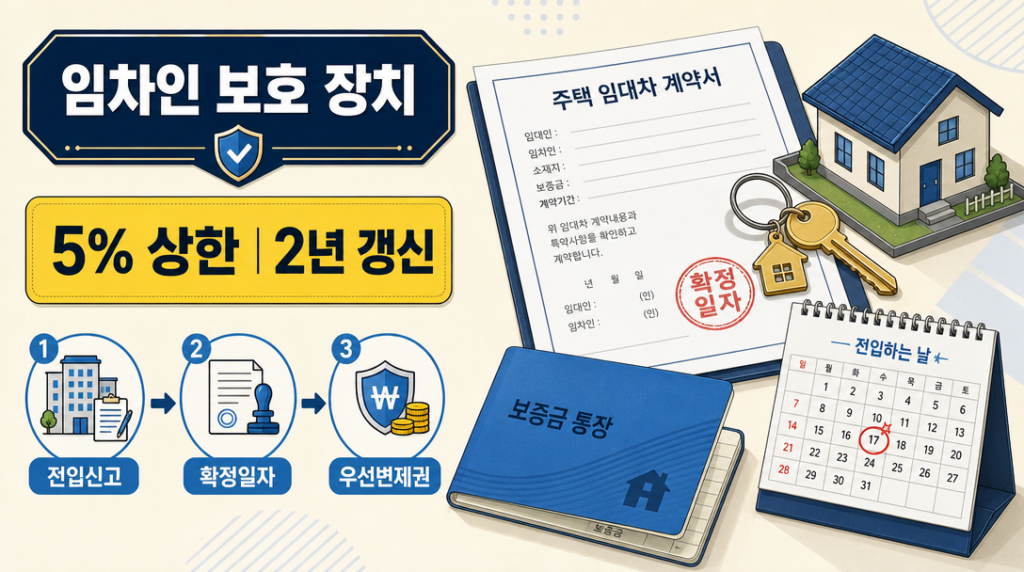 임차인 보호 장치 핵심 — 계약갱신청구권·전월세 상한제·임대차 신고제 개요 인포그래픽