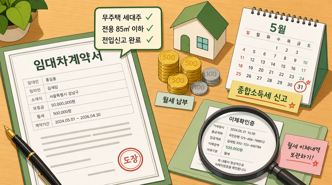 월세 세액공제 신청 자격 조건과 필요 서류를 보여주는 오브젝트 일러스트