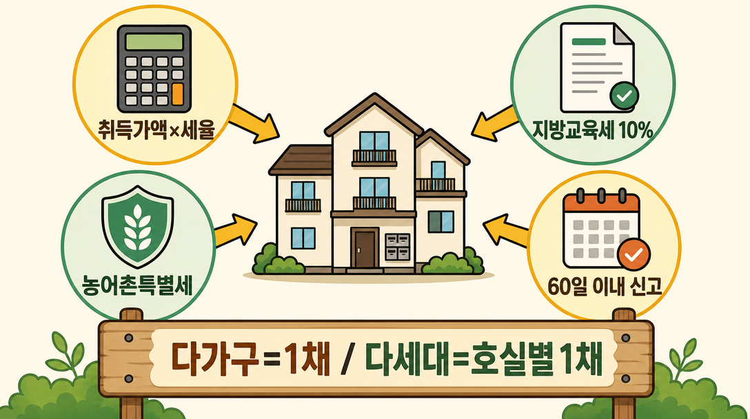 취득세 중과 계산 흐름 아이콘 — 취득가액 세율 적용, 지방교육세, 농어촌특별세, 60일 신고 기한