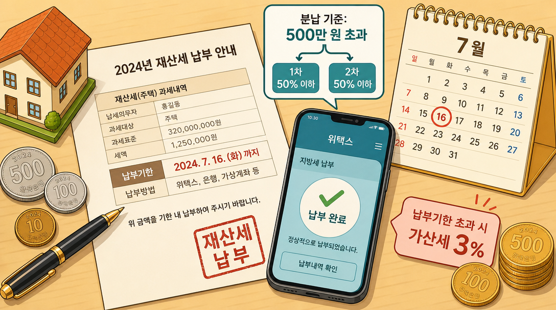 재산세 납부 고지서와 위택스 앱, 분납 기준을 설명하는 오브젝트 일러스트