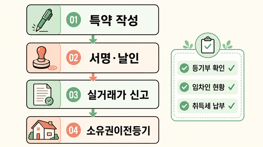 매매 계약서 작성 절차 4단계 — 특약 작성부터 소유권이전등기까지 흐름도