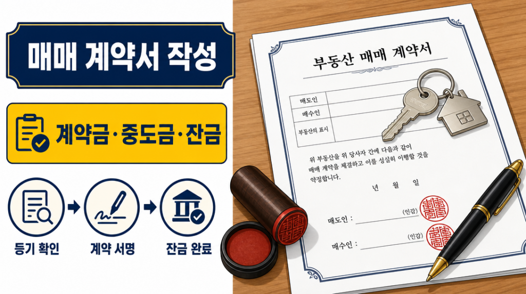 매매 계약서 작성 방법과 필수 확인 사항 — 계약서·도장·열쇠 오브젝트 인포그래픽