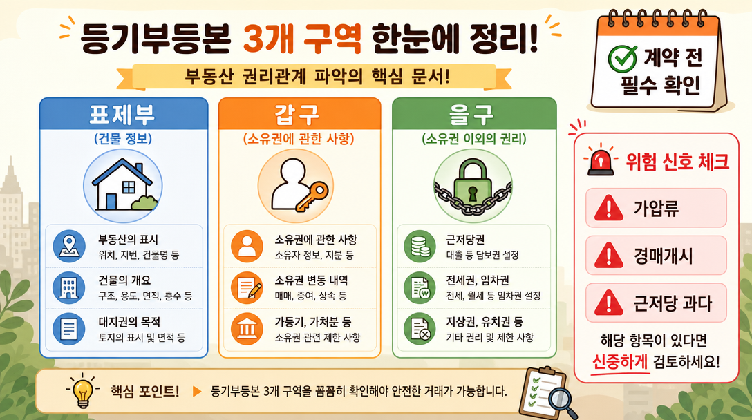 등기부등본 발급 후 표제부·갑구·을구 확인 항목 인포그래픽