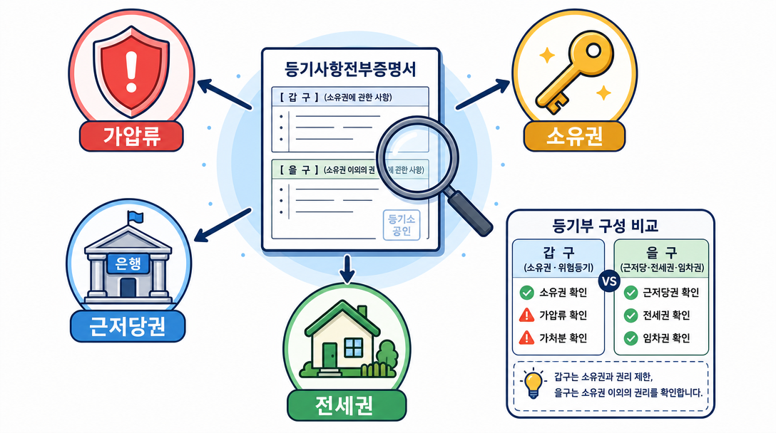 갑구 을구 보는 법 — 소유권·근저당·가압류·전세권 아이콘 구성 비교 일러스트