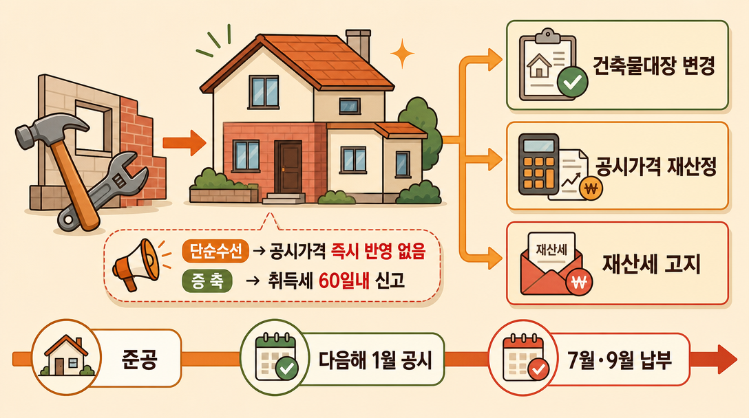 리모델링 재산세 신고 절차 — 건축물대장 변경부터 공시가격 재산정·납부까지 단계별 아이콘