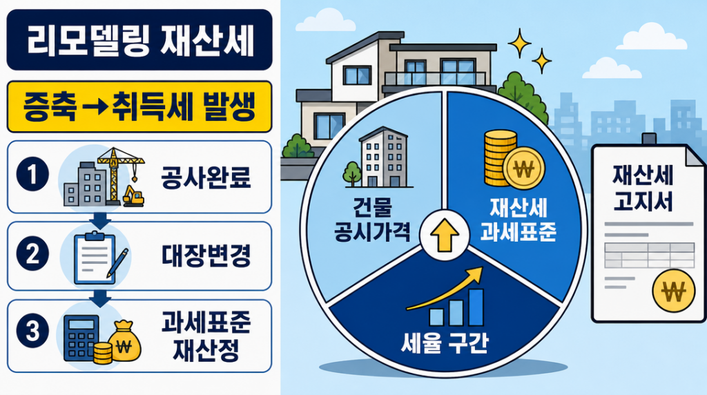 리모델링 재산세 변동 기준 — 증축·대수선 후 취득세·재산세 과세표준 변화 인포그래픽