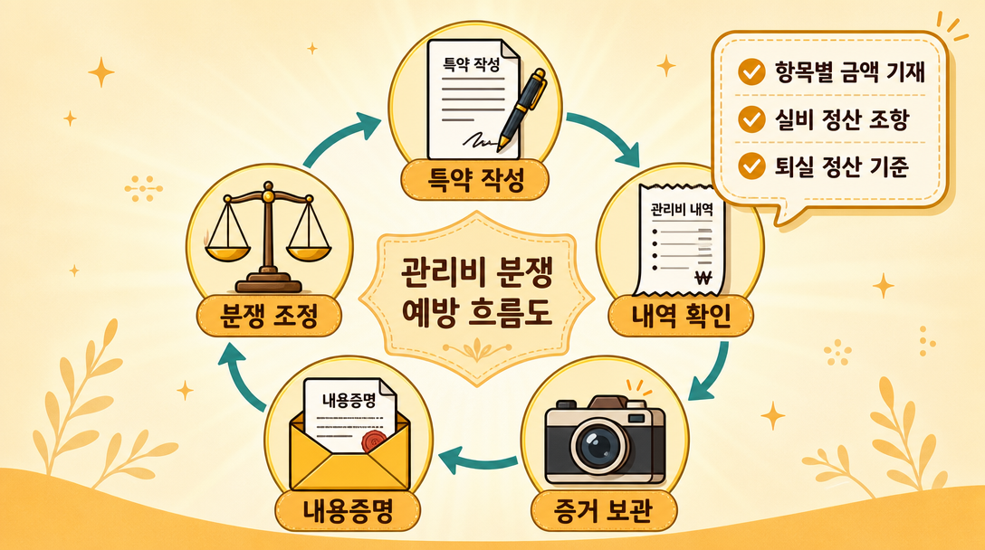 임대차 관리비 분쟁 예방을 위한 특약 작성 및 증거 보관 아이콘 흐름도