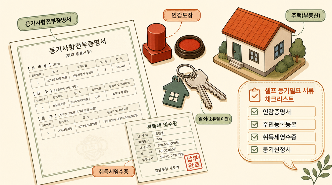 셀프 등기 필요 서류와 비용 안내 일러스트