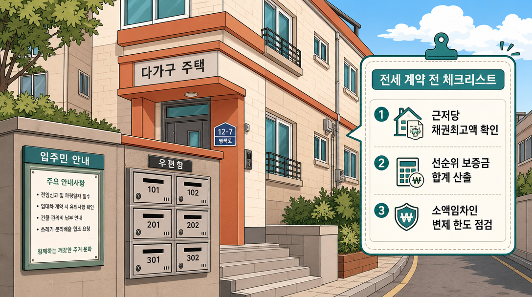 다가구 주택 전세 계약 전 선순위 임차인 확인 체크리스트 일러스트