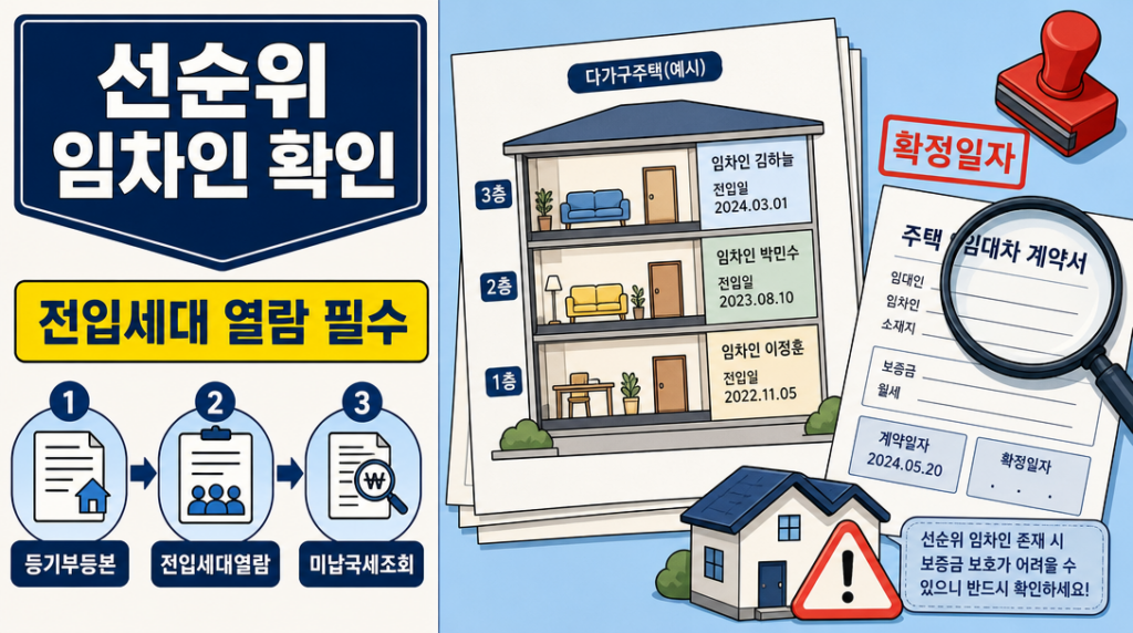 선순위 임차인 확인 방법 — 등기부등본, 전입세대 열람, 미납국세 조회 절차 인포그래픽