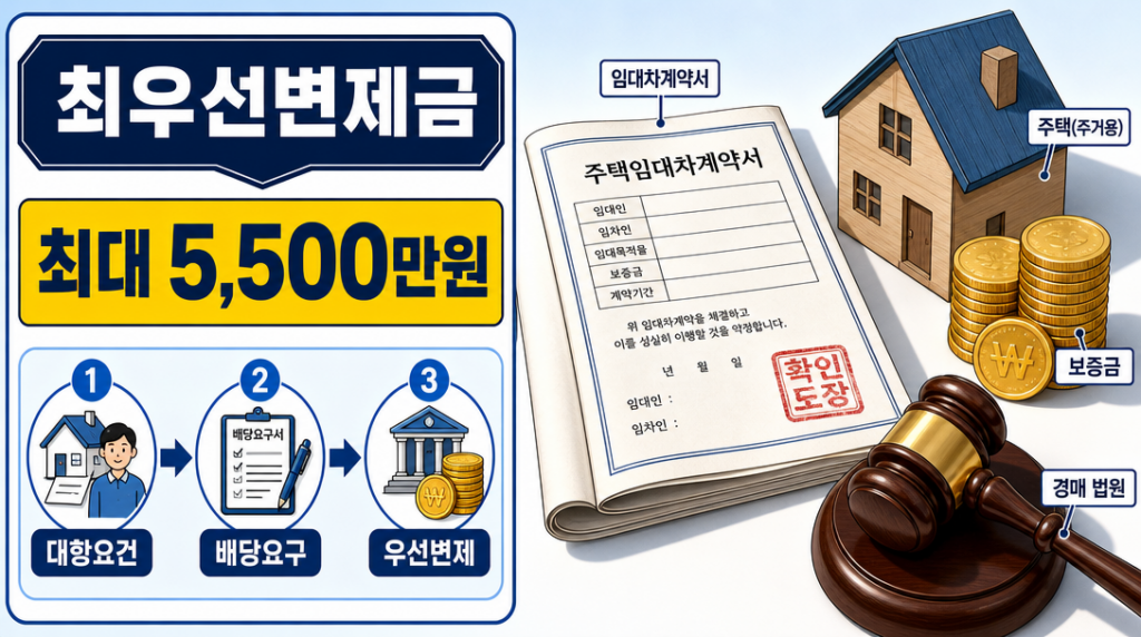 소액 임차인 최우선변제금 조건과 지역별 금액 안내 인포그래픽