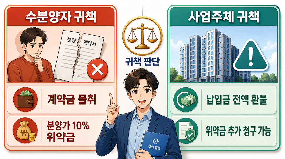 분양 계약 해제 귀책 주체별 위약금 처리 비교 인포그래픽