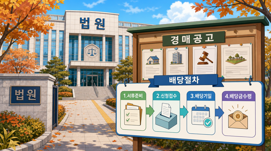 부동산 경매 배당요구 방법 4단계 절차를 보여주는 법원 배경 일러스트