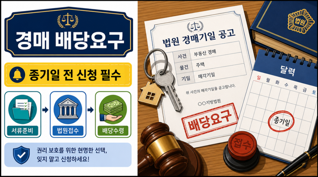 부동산 경매 배당요구 방법 절차 안내 인포그래픽 — 서류 준비부터 법원 접수까지
