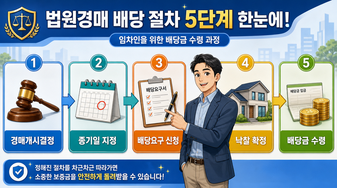 배당요구 방법 단계별 흐름도 — 경매개시부터 배당수령까지 5단계
