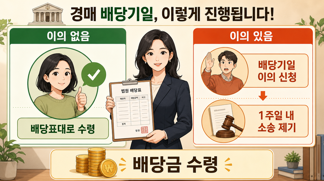 배당기일 배당표 확인과 배당이의 신청 절차 안내 인포그래픽