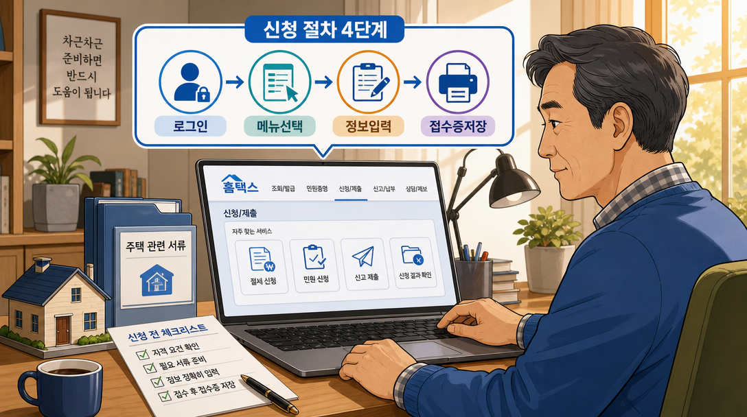 홈택스에서 합산배제 신청 절차를 확인하는 일러스트