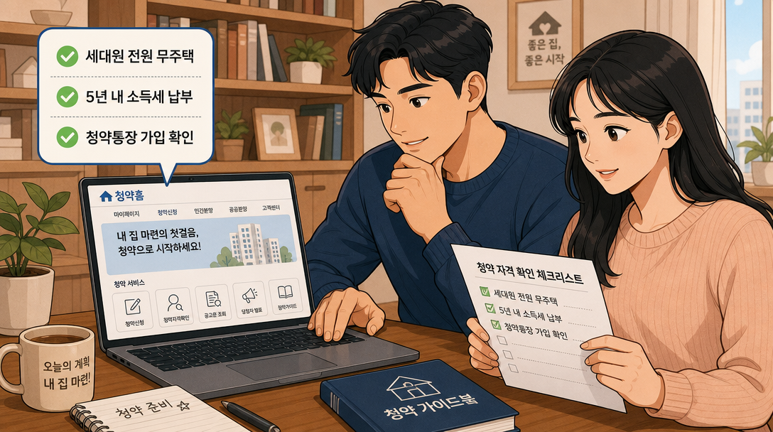생애최초 특별공급 청약 신청을 위해 집에서 청약홈을 확인하는 부부 일러스트