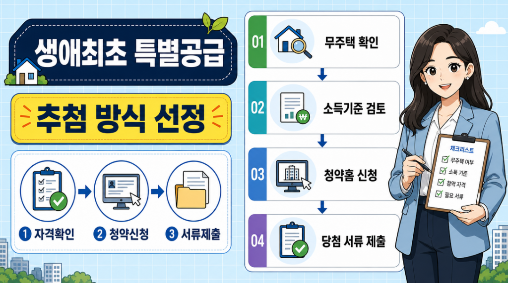 생애최초 특별공급 자격 요건과 신청 절차를 설명하는 인포그래픽 일러스트