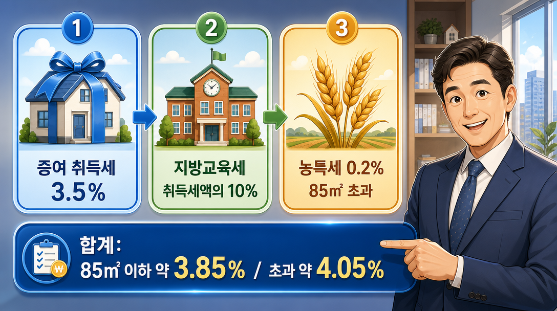 증여 취득세 세율 구조와 계산 흐름을 나타낸 인포그래픽
