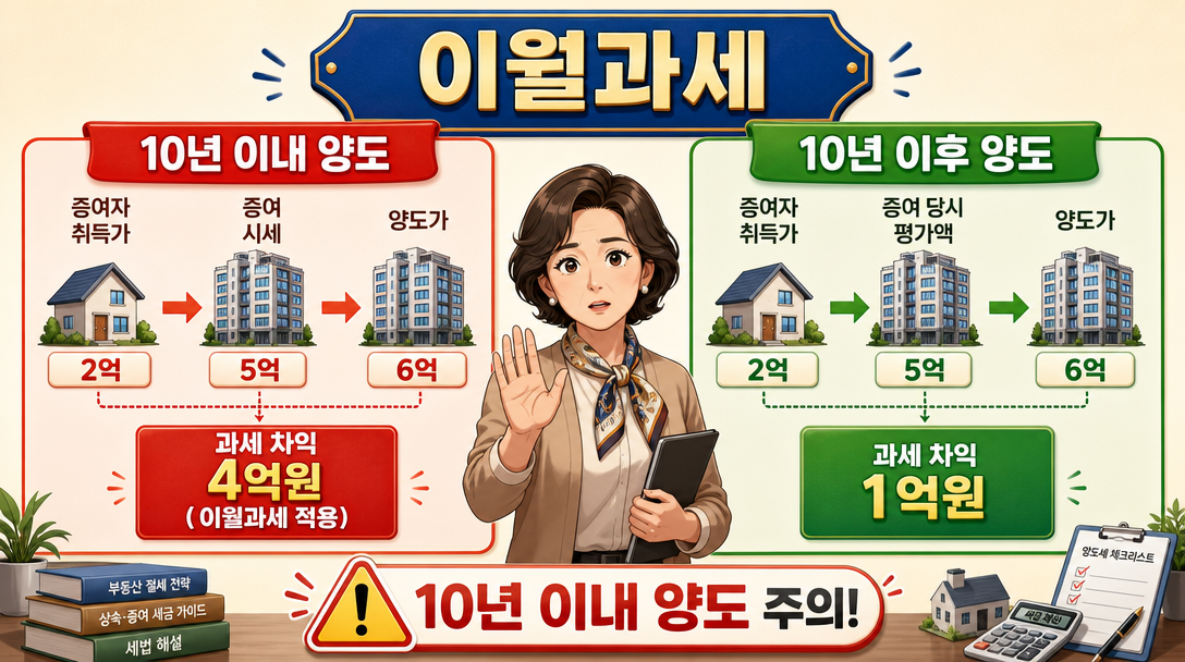 이월과세 적용 구조와 증여 후 양도 시 세부담 변화를 설명하는 인포그래픽