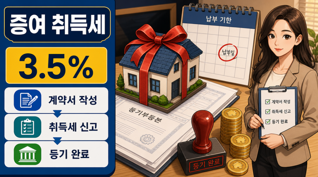 증여 취득세 납부 기한과 세율 구조를 설명하는 인포그래픽 — 부동산 증여 절세 핵심 정리