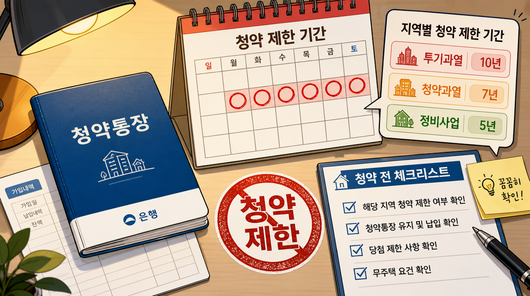 재청약 제한 유형별 기간 비교 — 청약통장과 달력으로 제한 기간 표시
