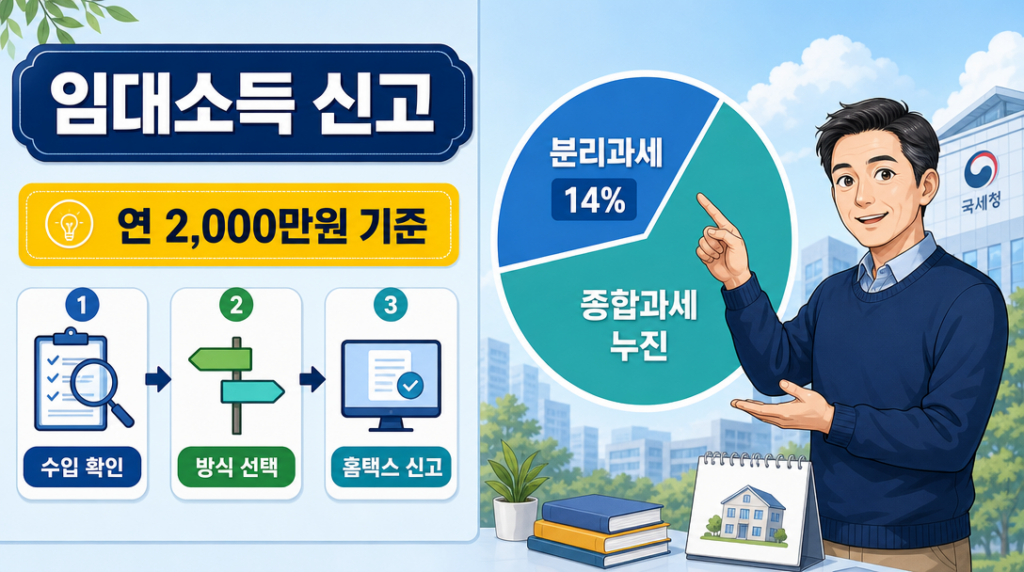 임대소득 신고 과세 기준과 분리과세·종합과세 선택 구조를 설명하는 인포그래픽